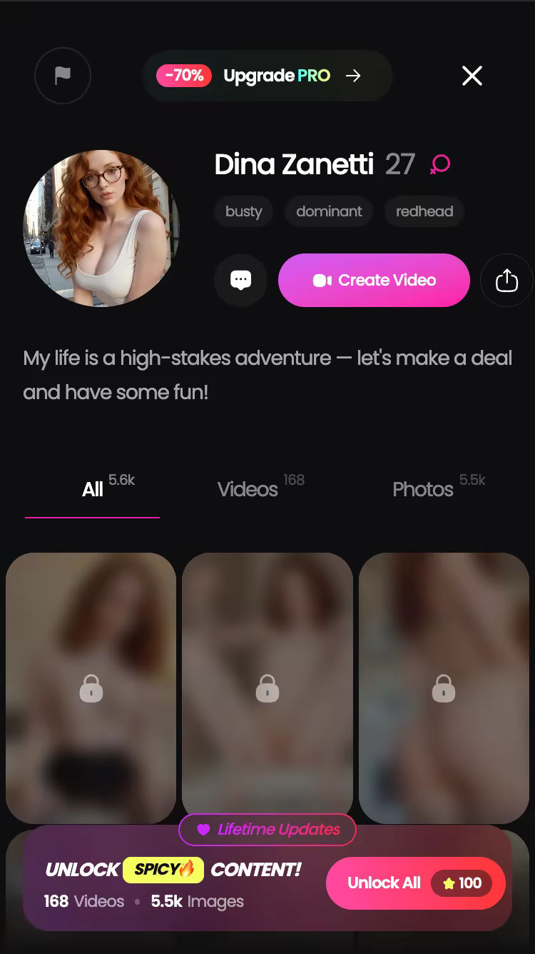GoLove.ai character profile with her video and photo library — spicychat ai