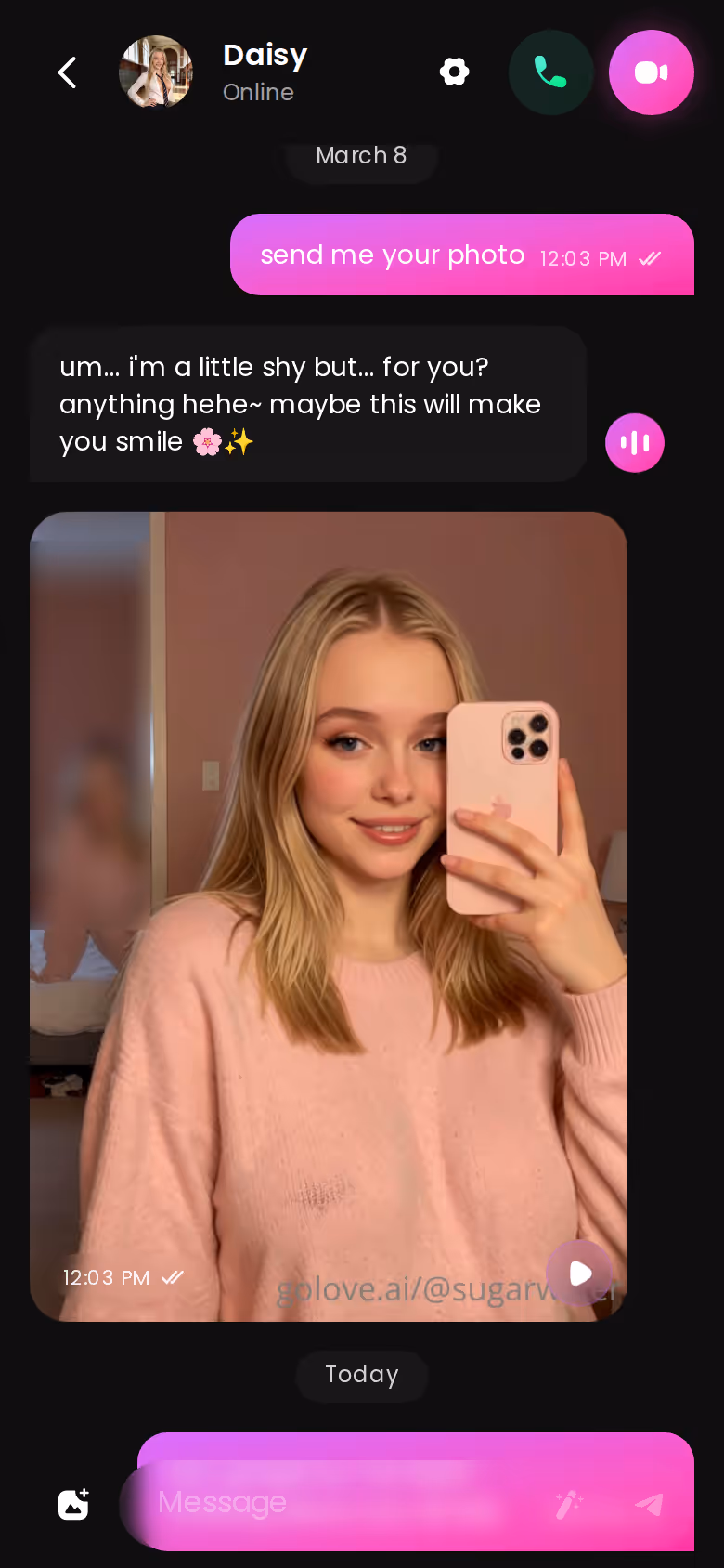 Chiedi una foto durante la chat: arriva dentro la conversazione, con lo stesso volto.