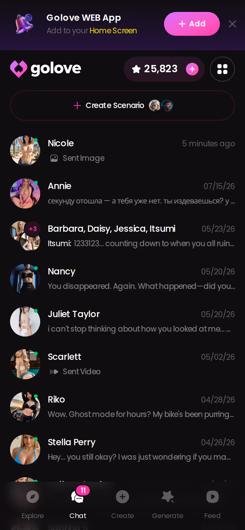 La lista delle chat aperte su GoLove.ai mobile, ognuna con il proprio thread