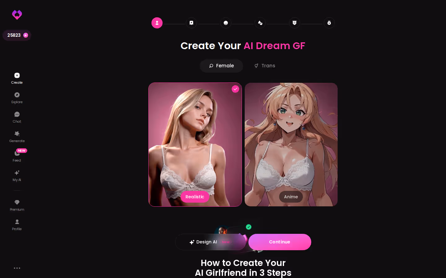 Primo passo della creazione del personaggio su GoLove.ai, con la scelta tra Realistic e Anime