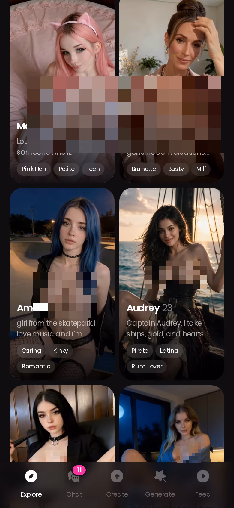 More of the mobile GoLove.ai Explore character grid — alternativa a kindroid
