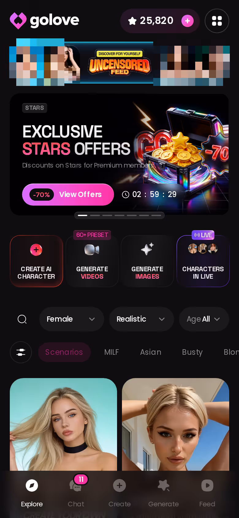 Mobile GoLove.ai Explore page with banners and character grid — honeygf
