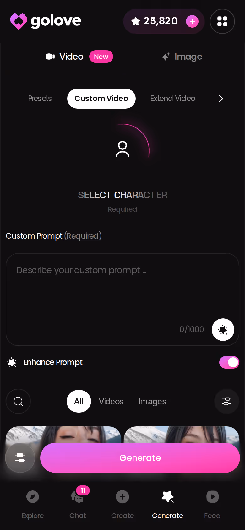 Generatore video di GoLove.ai su mobile con le schede preset per azione, outfit e sfondo