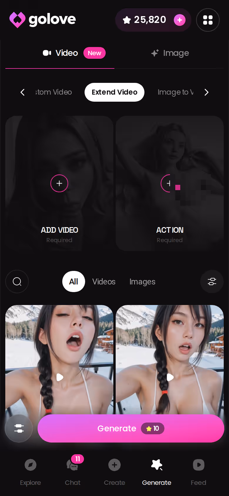 Mobile Extend Video mode in the GoLove.ai generator — honeygf