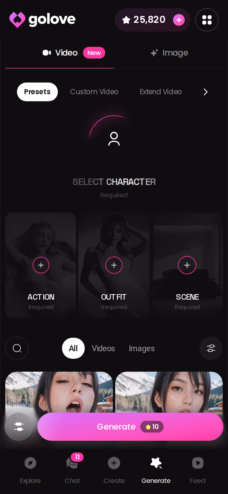 Il hub Genera di GoLove su mobile — modalità Video e Immagine affiancate, ciò che sta dietro il paywall