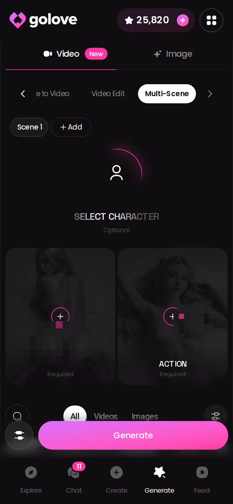 Il generatore di GoLove.ai su mobile con più scene per lo stesso personaggio