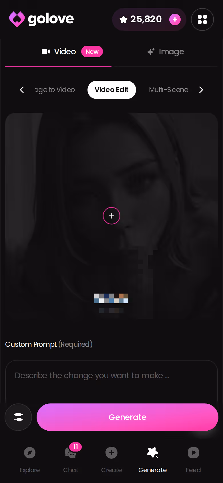 Il generatore video di GoLove.ai su mobile con azione, abbigliamento e sfondo selezionabili